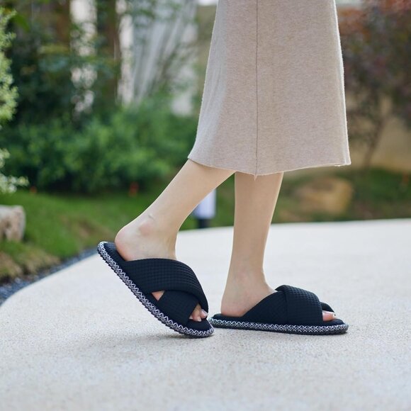 ⚡Women Boho Waffle Black Cotton Memory Foam Bedroom Corduroy Open Toe Shoes - Picture 2 of 6